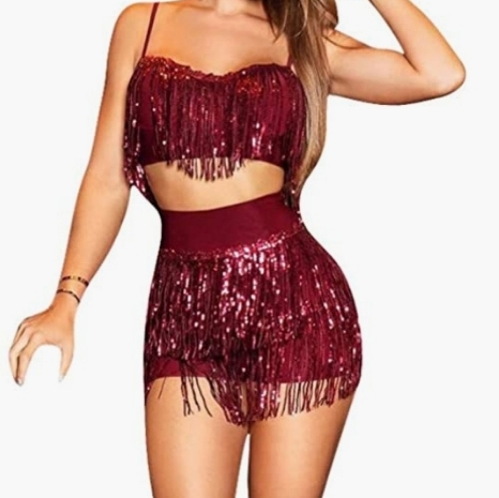 RED Glitter Night Club mini two piece outfit dancewear